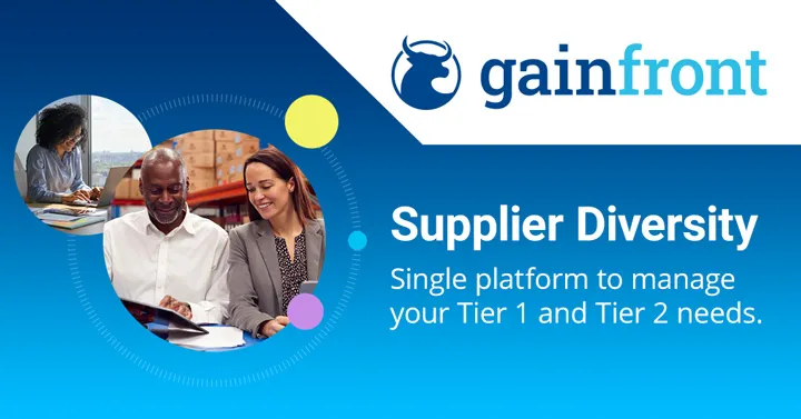 Gainfront supplier diversity banner headed "Single platform to manage your Tier 1 and Tier 2 needs," with photos of colleagues reviewing supplier documents together and inspecting warehouse inventory.