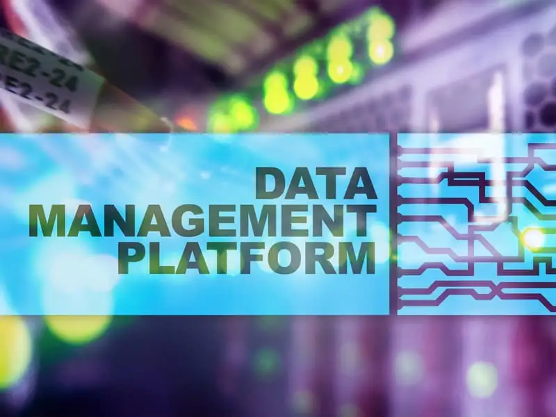 Data management platform label over server hardware and circuit graphics