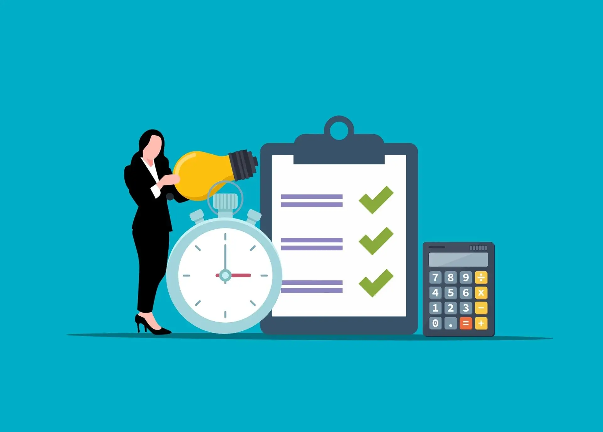 Illustration of a businesswoman with a stopwatch, checklist and calculator, representing agreement review