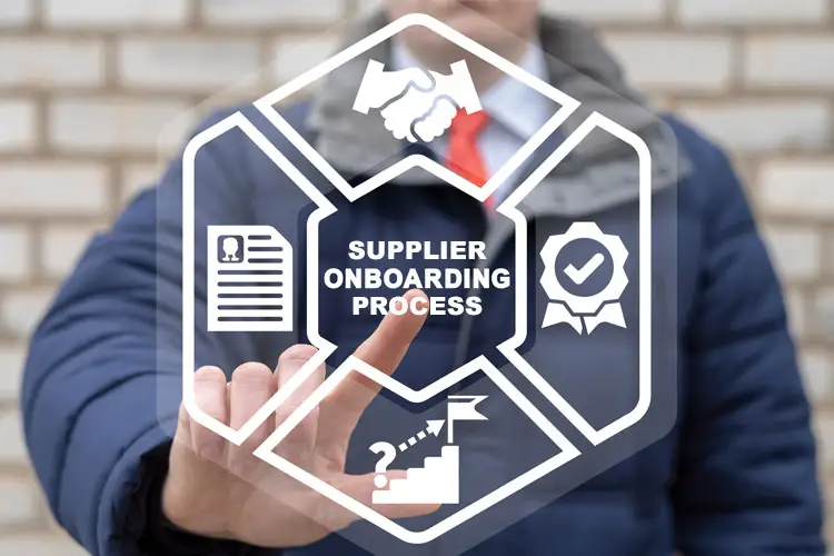 A businessman touches a digital hexagon icon labeled Supplier Onboarding Process