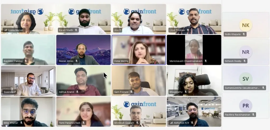 The Gainfront team on a Monthly All Hands video call, with founder Hetal Mehta speaking